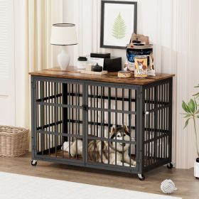 Furniture style dog crate wrought iron frame door with side openings on wheels, Rustic Brown, 43.3''W x 29.9''D x 33.5''H.