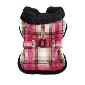 Sherpa-Lined Dog Harness Coat - Hot Pink & Tan Plaid (Option: Large)
